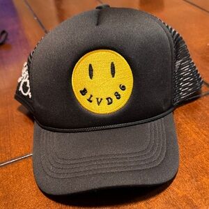 BLVD86 Signed Black  And Yellow Smiley Face Trucker Hat BB2